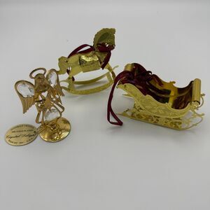 Vtg 24K Gold Plated Austrian Crystal Angel & Midwest Brass Ornament Set